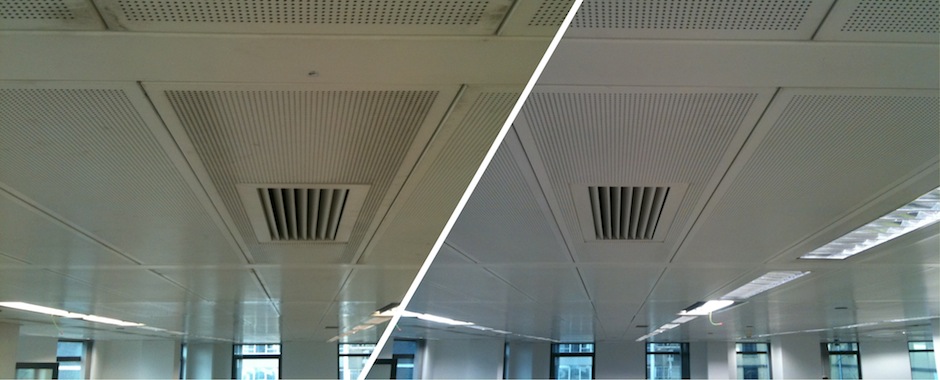 before and after removal of commercial space drop ceiling